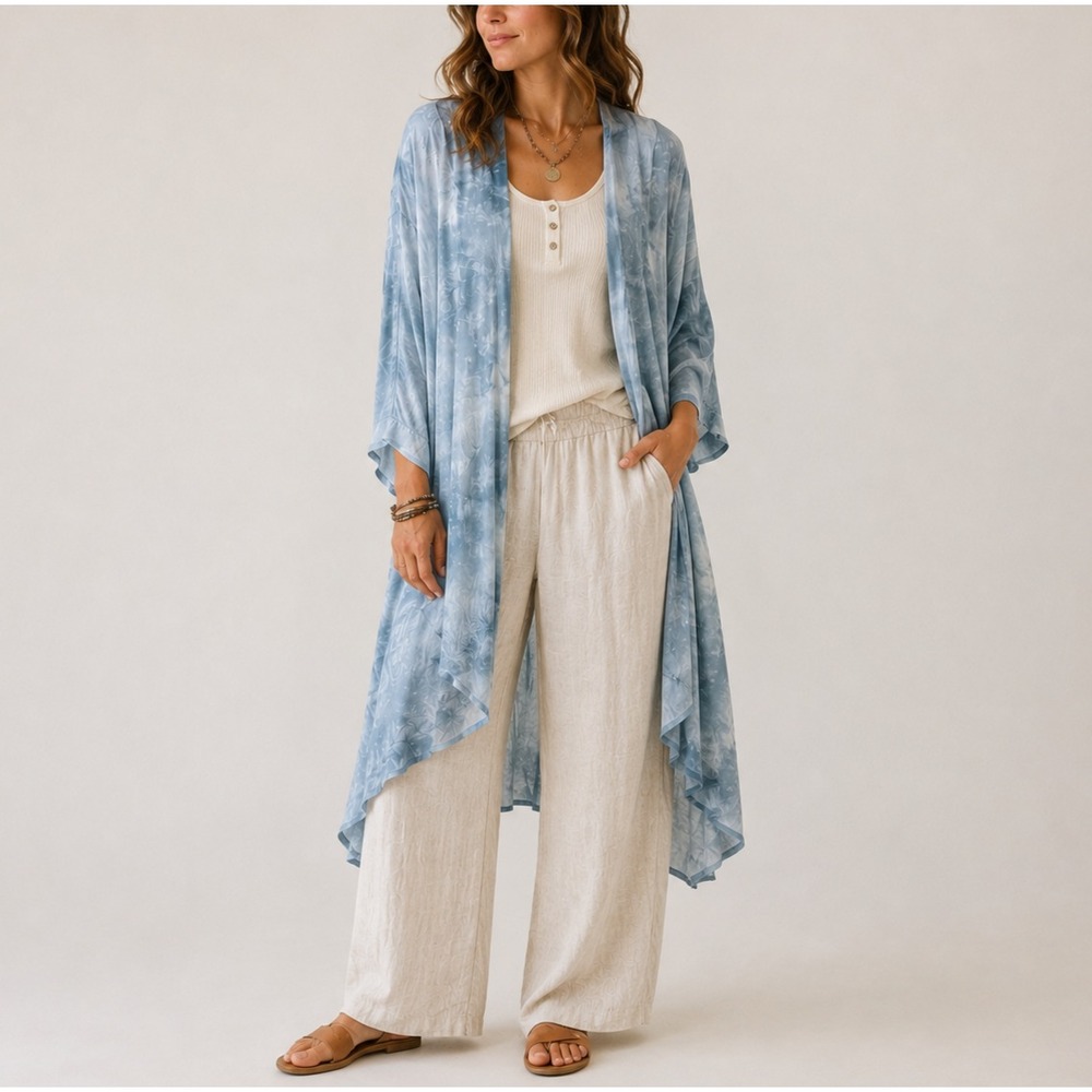 Moon Light USA Kimono Jacket Womens One Size Blue Rayon Duster Boho Long Open